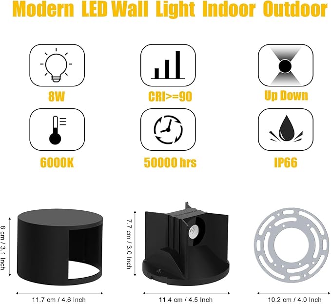 Kawell 8W Modern LED Wall Sconce Light Up Down Waterproof Outdoor Wall Lamp Indoor Hardwired for Bedroom Bathroom Hallway Stairs Porch, Black 6000K