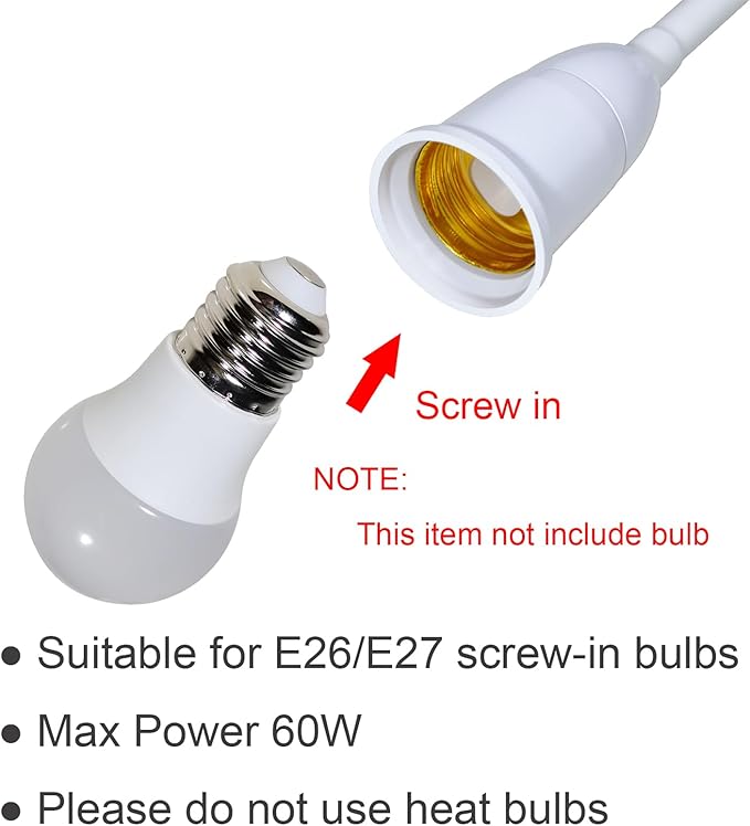 E27/E26 Plug in Light Bulb Socket Adapter Extender with On/Off Switch, Outlet to Socket Adapter Extension, White