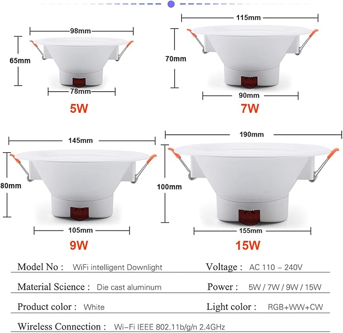 LED Downlight Tuya Smart WiFi Ceiling Light Dimmable RGB+CW+WW Spotlight Lamp Voice Control(1 Piece,15W)