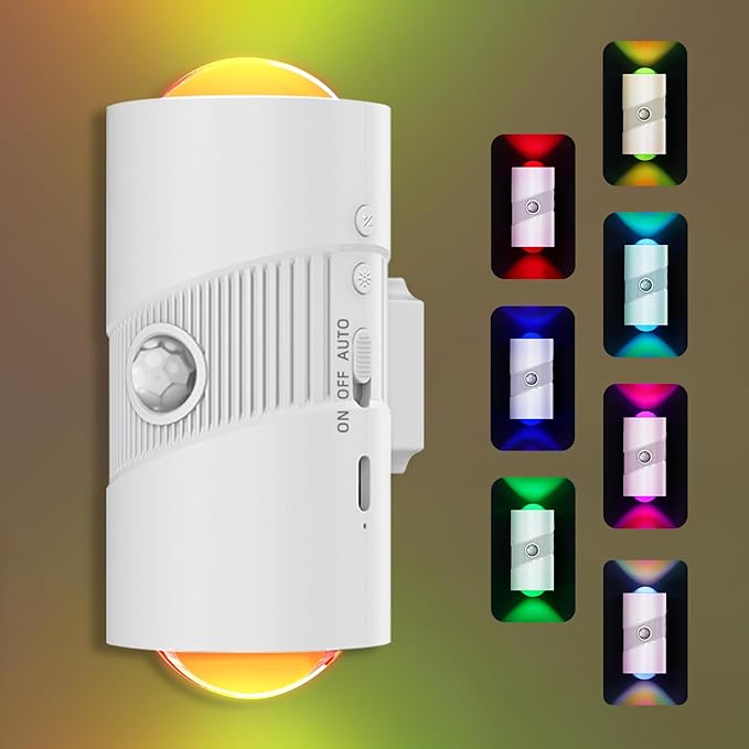Rechargeable RGB Motion Sensor Night Light, Color Changing LED Night Light with Stick-on Magnet, 4-Level Adjustable Brightness, Nightlights for Bedroom, Bathroom, Hallway, Stairs, Closet, 2-Pack (1)