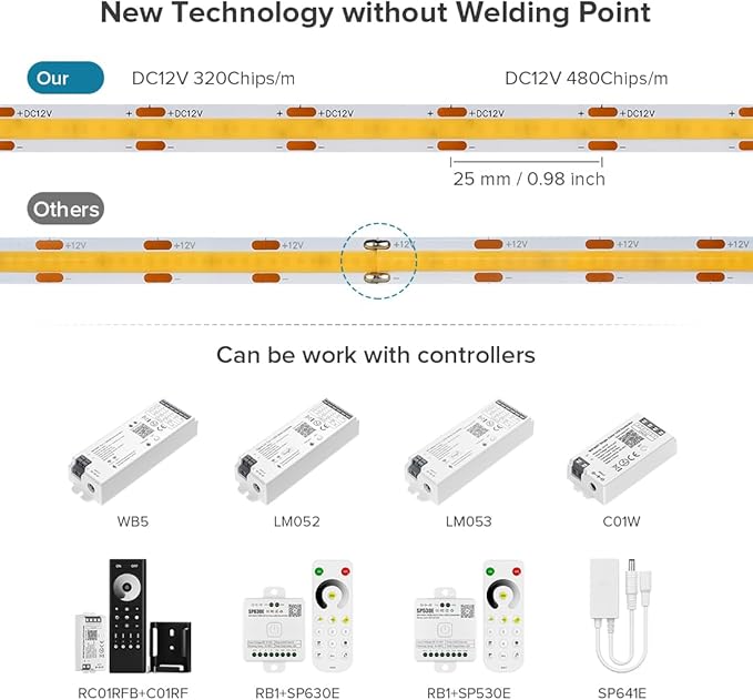 16.4FT COB Strip Lights Dimmable DC 12V 2700K Warm White IP65 Waterproof LED Strip, 480LEDs/m Adhesive Flexible Cuttable Strip Lights for DIY Home Decor Shelf Cabinet (No Adapter or Controller)