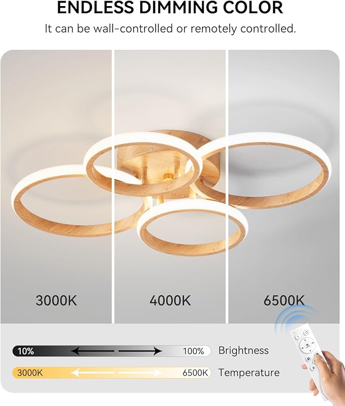 Dimmable LED Semi Flush Mount Ceiling Light Fixture with Remote Control 3-Color Dimming Circle Modern Light, Close to Ceiling Bedroom Kitchen Hallways Balcony Corridor Lamp (4 Ring LightWood)