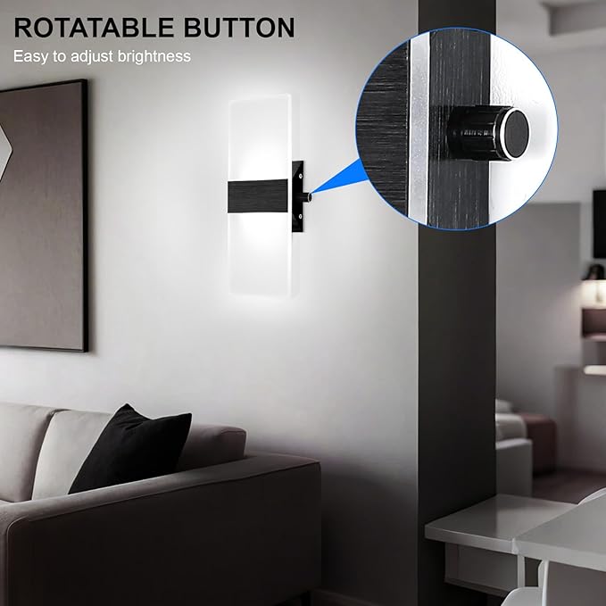 Lightess Indoor Wall Sconces with Switch, Modern LED Wall Lights Set of Two, 12W Hardwired Acrylic Dimmable Wall Light Fixtures for Bedroom Hallway Living Room, Cool White, 2 Pack