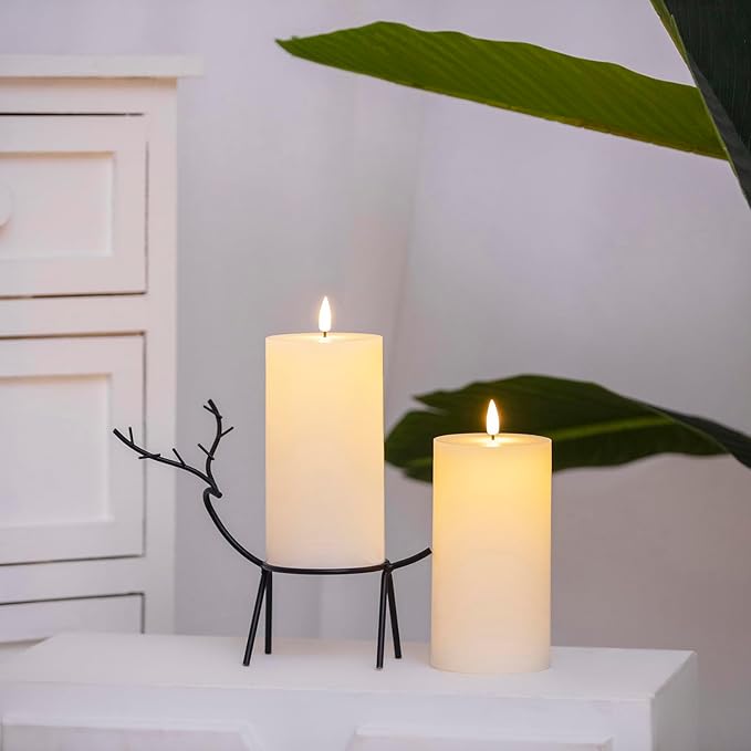 Flameless Candles Set of 2 (3x6 inch) Flickering LED Wax Candles Battery Operated with Remote Control Timers for Night Light/Fireplace/Party Dimmable Ivory Pillar Candles Flat top