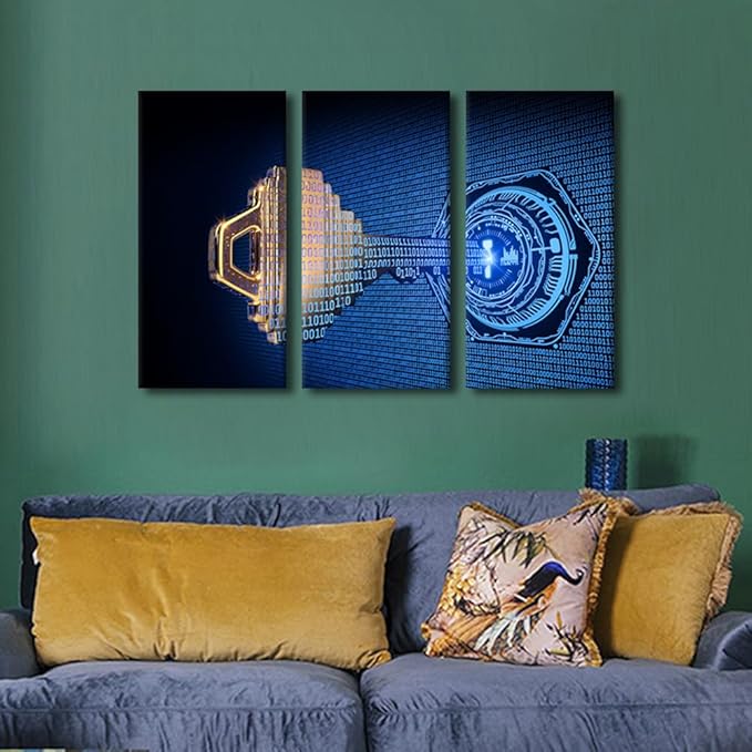 Bedroom Wall Decor 3 Panel Cybersecurity Concept Artwork Print on Canvas for Living Room Bedrooms Wall Decorations, Wooden Framed Gallery-Wrapped Ready to Hang, 36" Wx24 H