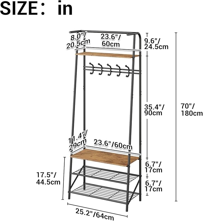 Coat Rack Hall Tree with Shoe Storage Bench, 4-in-1 Entryway Bench with 6 Hooks & 3-Tier Shoe Rack, Metal Frame for Entryways, Freestanding Coat Racks Storage for Entryway, Hallway, Front Door