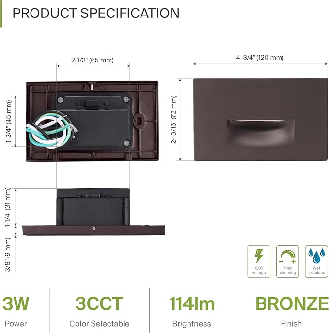 ASD LED Recessed Step Light Fixture, Outdoor & Indoor Stair Tread Lighting | 3CCT, Dimmable, Waterproof, ETL Listed | 3W 120LM 3000K-5000K 120V | Staircase Hardwired Illumination | Dark Bronze, 4 Pack