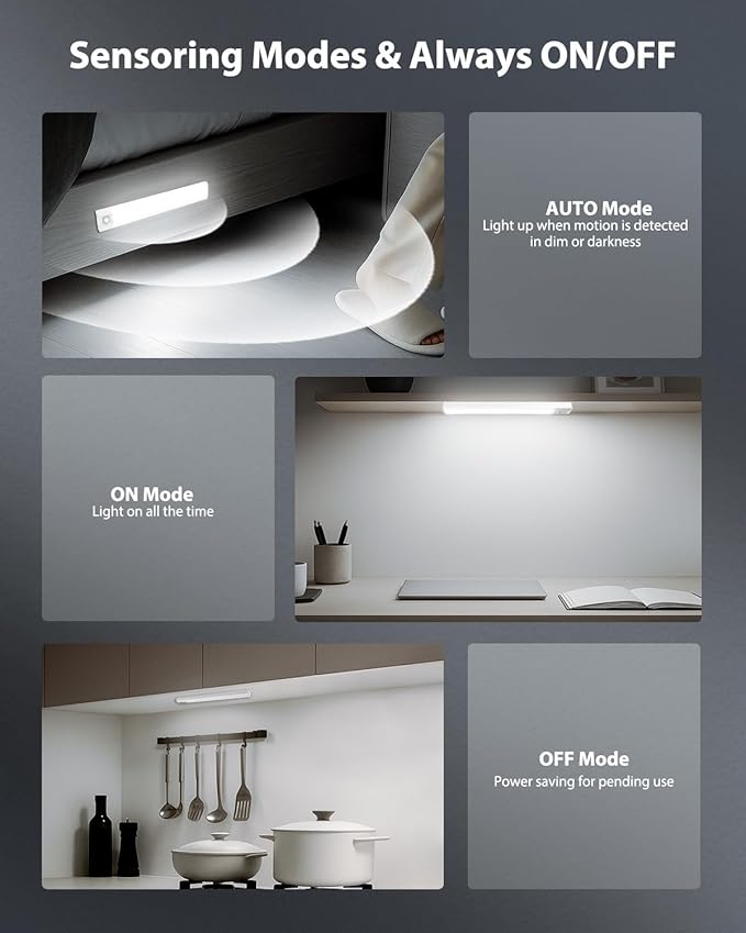 10inch Under Cabinet Lighting, 68 LED Rechargeable Motion Sensor Light Indoor, 6 Levels Dimmable Magnetic Closet Lights, Wireless Under Counter Lights for Kitchen, Stairs, Bedroom, 4-Pack Daylight