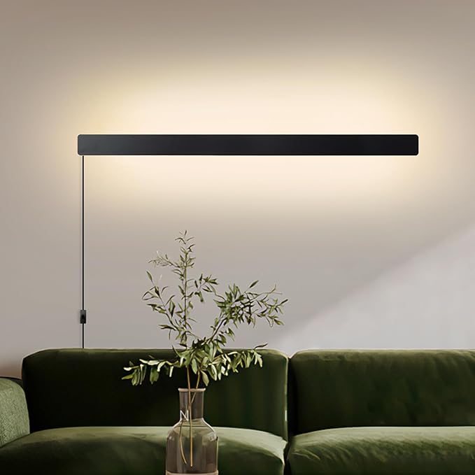 Modern Plug in Wall Lights, 31.4 inch Frosted Black LED Long Wall Sconce, 16W Warm White 3000K Acrylic Indoor Wall lamp,with 59" Plug Cable for Bedroom, Living Room, Hallway
