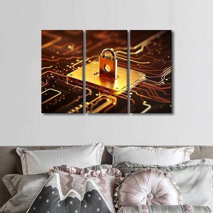 Framed Wall Art 3 Panel Canvas Wall Decor Cyber Security Concept Pictures Print on Canvas for Living Room Bedroom Decoration, Artificial Intelligence Artwork Ready to Hang, 36" Wx24 H