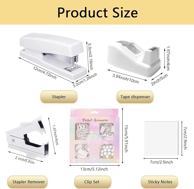 suniya Office Supplies,Desk Accessories,Tape Holder,Stapler,Scissor,Staple Remover,Box of Binder Clips,Staples,Ballpoint Pen,Sticky Notes,Clear Tape,Ruler,Office Supplies Set(White)