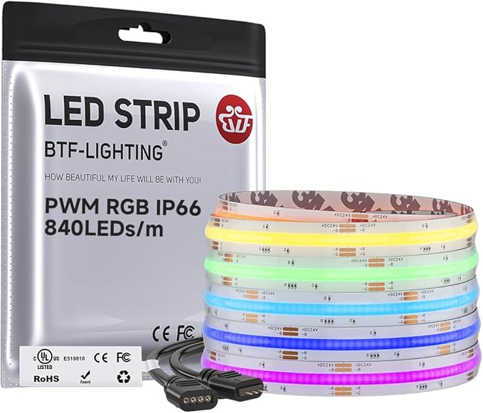 BTF-LIGHTING FCOB COB RGB LED Strip Light, UL Listed, IP66 840LEDs/m High Density Flexible Color Changing Light, DC24V 16.4FT 10mm Width for Bedroom Cabinet Home Indoor Decor(No Adapter or Controller)