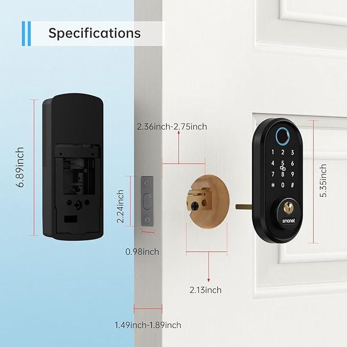 SMONET Front Door Lock Set with Handle, Smart Fingerprint Keyless Entry Door Lock, Deadbolt with App Control, Touchscreen Keypad for Home Airbnb Apartment