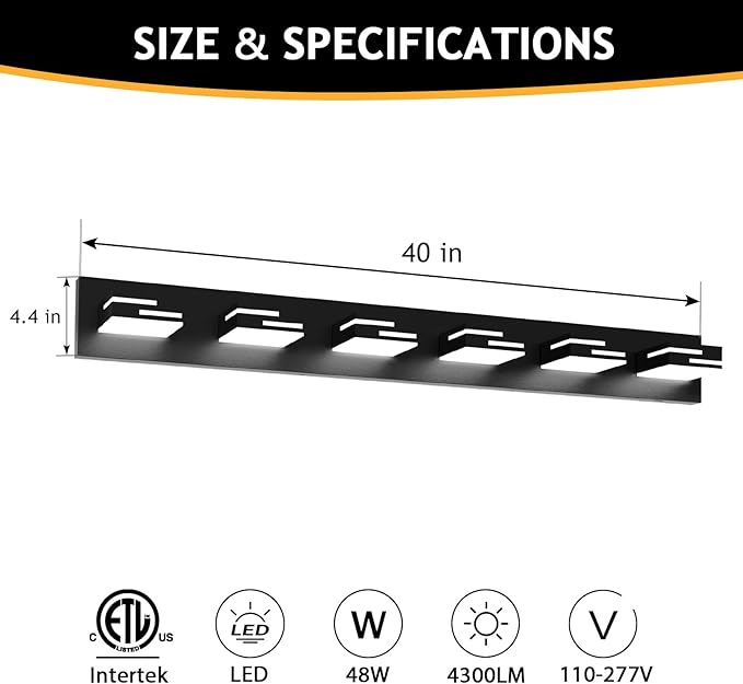 LED Modern Bathroom Vanity Light Fixtures 6-Light 5CCT Dimmable Matte Black Vanity Lights for Bathroom Lighting Fixtures Over Mirror, with 350° Rotatable Acrylic Heads, 40-inch
