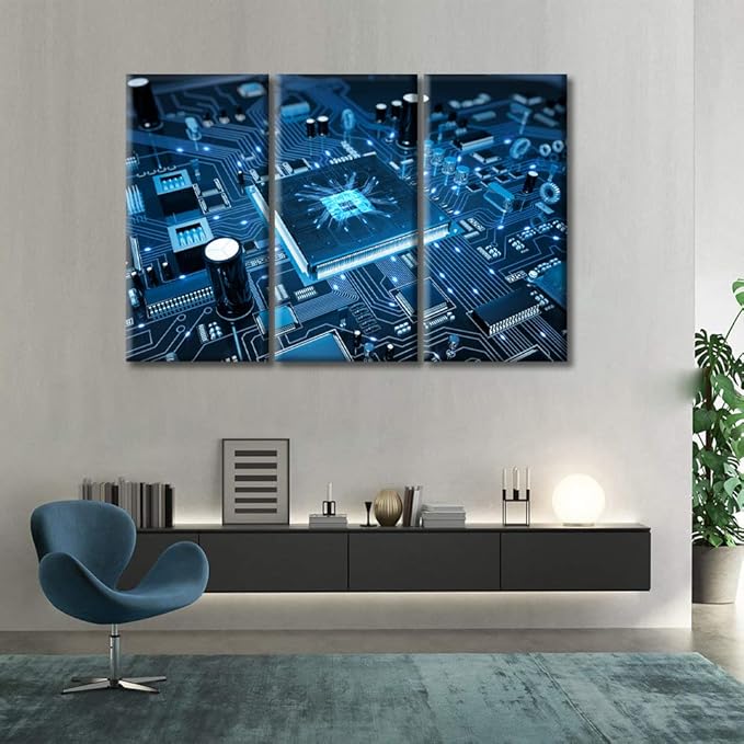 CPU Concept Canvas Wall Art Integrated Communication Processor Posters and Prints Bathroom Decor Wall Art 3 Panel Circuit Board Bedroom Poster Artwork Print on Canvas Framed Ready to Hang (60"Wx40"H)