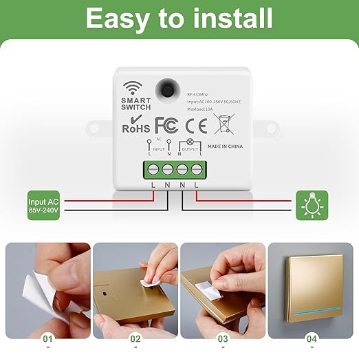 RGBZONE Wireless Light Switch and Receiver Kit, 100FT RF Range Remote Control, No Rewiring, AC85-240V Quick Create or Relocate On/Off Switches for Lamps (Gold)