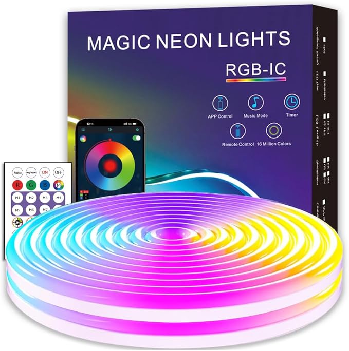 16.4ft LED Neon Rope Lights, RGB Plus IC Neon Strip Lights, IP68 Waterproof Dimmable Rope Light with APP Remote Control for Gaming Room Living Room Bedroom Indoor/Outdoor Decor