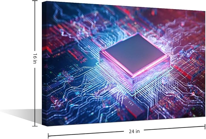 TUMOVO AI Wall Art Decor Painting on Canvas Circuit Board Pictures for Home Walls CPU Concept Office Wall Art Digital Age Framed Modern Artwork for Living Room Bedroom, 24x16in
