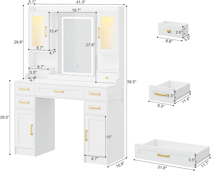 NUNU LAB Large White Vanity Desk with Mirror and Lights with 7 Drawers, Women Makeup Table with Power Outlet, 3-Color Adjustable Lighting for Bedroom Brown