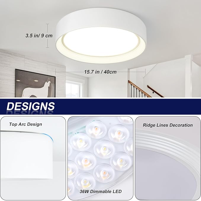 Dimmable Led Flush Mount Ceiling Light,15.75 Inch/36W/ 5CCT 3000K-6000K,Modern White Close to Ceiling Lighting Fixtures,Round Metal Ceiling Lamp for Bedroom,Living Room,Laundry Room