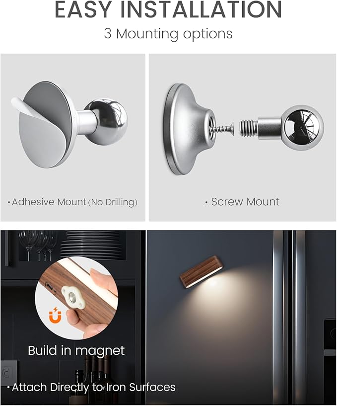 Wood LED Wall Sconce Magnetic 360°Rotate Wall Mounted Lamp Brightness Adjustable Night Lights Rechargeable Battery Powered Reading Light for Bedside Hallway Living Room (1 Pack Black Walnut)