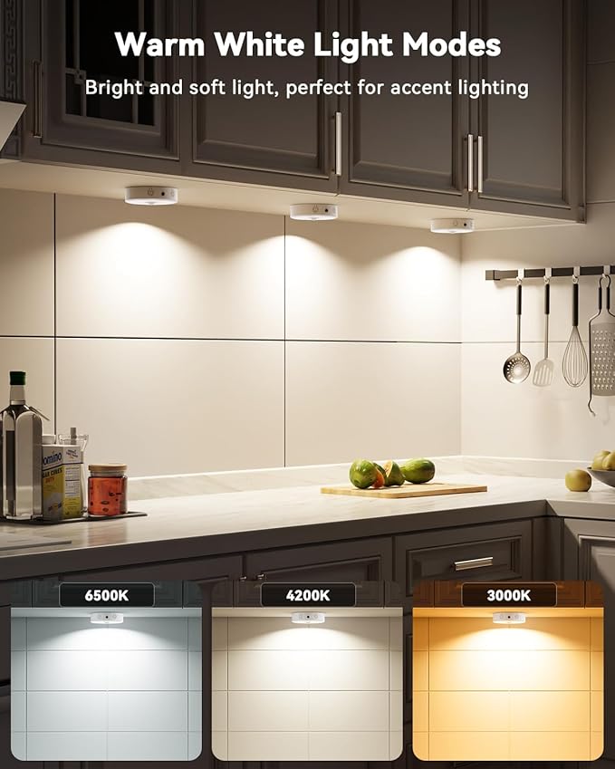 Puck Lights with Remote, Rechargeable Under Cabinet Lighting, 3 Color Temps, 12 RGB Color LED Motion Sensor Lights Wireless, Dimmable Tap Lights for Closet, Kitchen, Shelf, Stair, 8 Pack