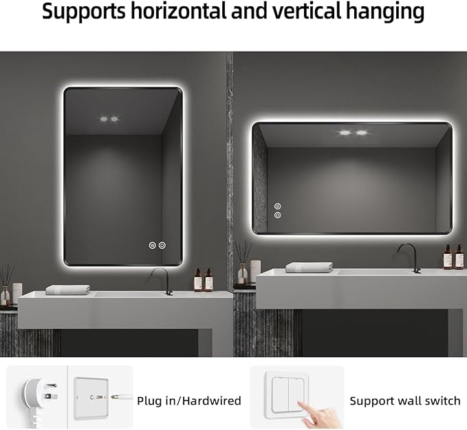 24" x 36" Black LED Bathroom Mirror with Lights, Lighted Vanity Mirror with Anti-Fog, 3-Color Stepless Dimmable, Memory, Shatterproof, UL-Listed, Wall Backlit Mirror (Horizontal/Vertical)