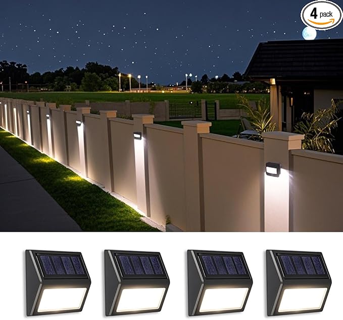 Solar Fence Lights, Waterproof Solar Outdoor Lights for Stairs Decks Steps Fences Patio Yard, LED Wall Sconce (Cool White/4 Pack)