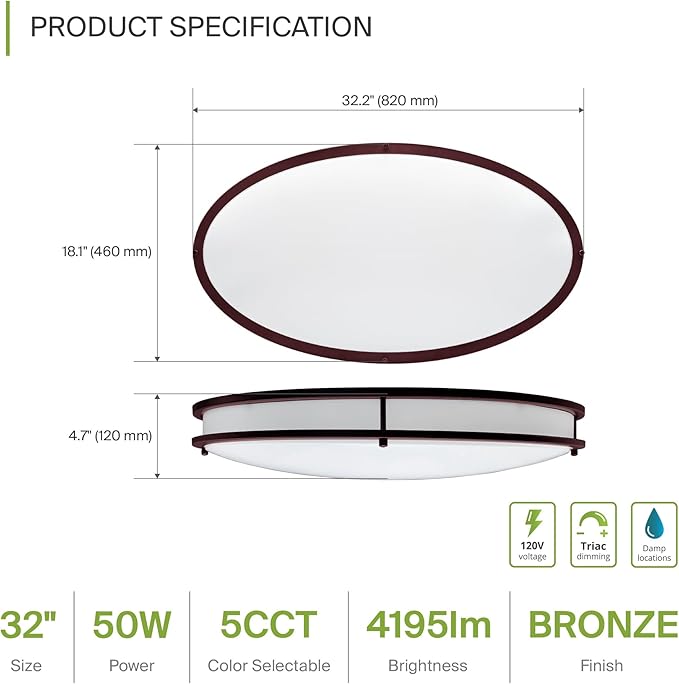 ASD LED 32" Oval Flush Mount Lighting, Close to Ceiling Light Fixture | 5CCT, Dimmable, ETL Listed | 50W 4195LM 2700-5000K 120V | Low Profile Double Ring Lamp | Dark Bronze, 2 Pack