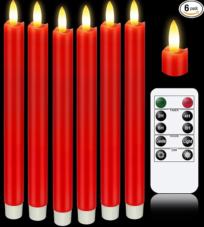 KSWING Upgraded Real Wax LED Flameless Red Taper Candles with Remote, 6 PCS Candlesticks Battery Operated 3D Flickering - 9.6" Long Realistic Fake Candle Sticks for Home/Wedding/Fireplace Xmas Decor