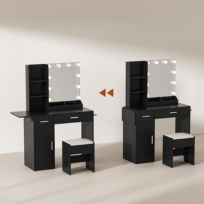 Vanity Desk with Mirror and Lights, 43.3" Makeup Desk with Stool and Power Outlet, 5 Drawers and Open Shelves Make Up Table for Bedroom, Black