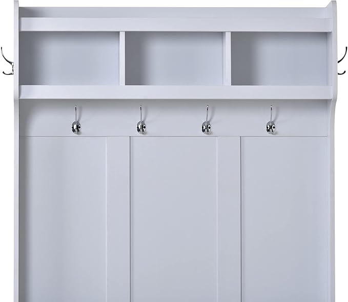 Retro 3-in-1 39.4INCH Hall Tree with 6 Hooks and Coat Hanger,Storage Bench and Open Shelves,for Livingroom Hallway Entryway Mudroom Use (White@Hooks/)