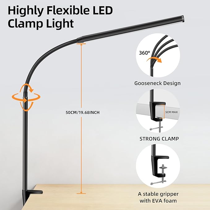 LED Desk Lamp with Clamp Clip on Reading Light Dimmable USB Small Clamp Lamp with 3 Color Modes 10 Brightness, Adjustable Flexible Gooseneck Workbench Light for Bed Headboard, Nail, Computer