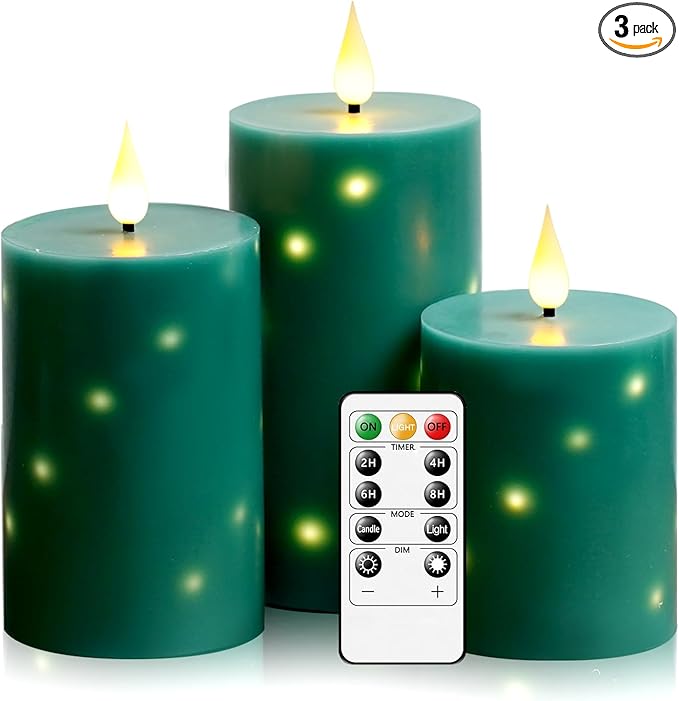 Flameless Candles with Embedded Star String, Real Wax Battery Operated Candles with Remote Timer, Flickering Pillar LED Candle Set for Home Decor Romantic Ambiance （Green）