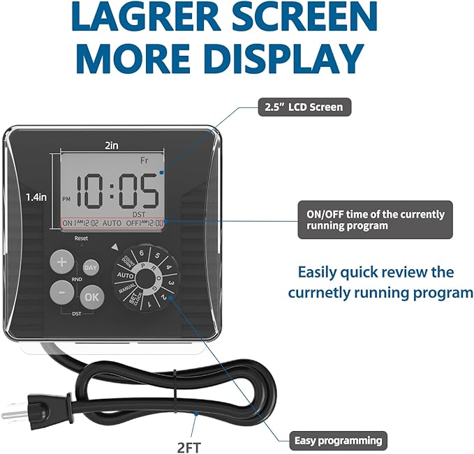 TiFFCOFiO New Digital Outdoor Timer Waterproof, Dial Programmable Method, Outdoor Light Timer with 2FT Extension Cord, 2 Grounded Electrical Outlets for Lights, 6 Sets of Programs, 15A/1875W