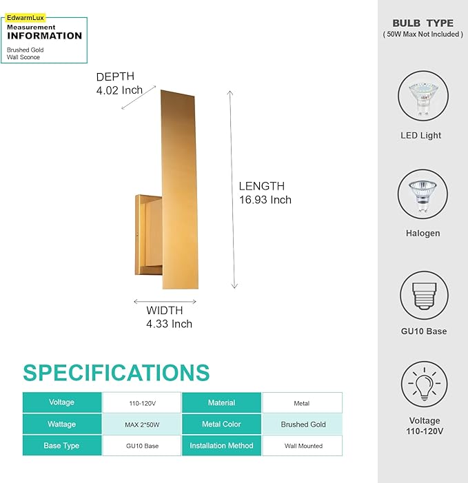 Indoor Wall Sconces, Modern Wall Lights, Up and Down Wall Mount Light, Dimmable Hardwired Wall Light for Bedroom, Living Room, Hallway, GU10 Bulbs Excluded (Brushed Gold)
