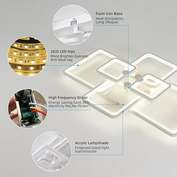 Dimmable White Modern Ceiling Lamp with Remote for for Living Room,6 Square Acrylic Modern Lighting Fixture Ceiling Lights,3000K-6500K Flush Mount Light Fixture for Bedroom Dining Room