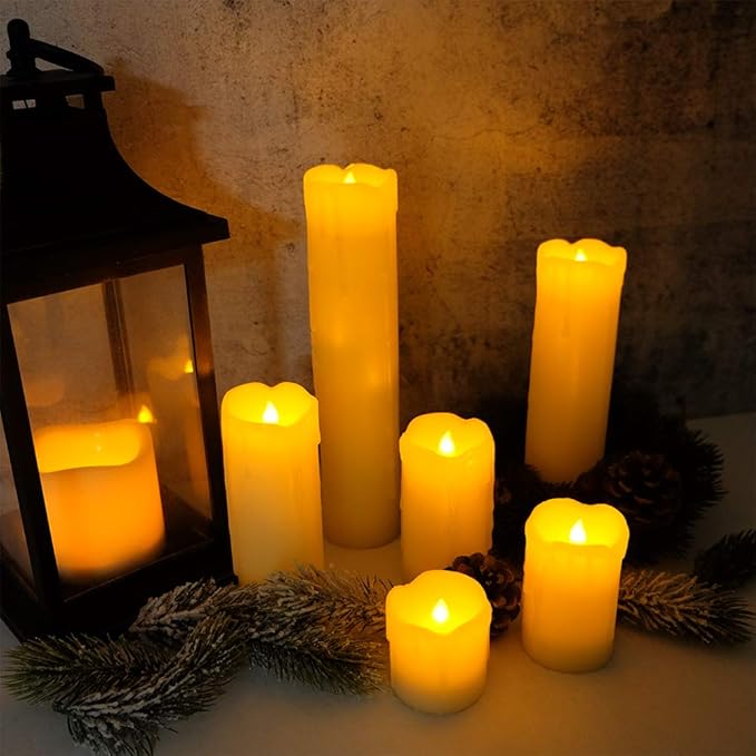 DRomance Flameless Flickering Candles Battery Operated(Battery Included) with 6 Hour Timer, Set of 6 Dripping Wax LED Pillar Candles Halloween Christmas Home Decor(Ivory, 2" D x 2"-9" H)