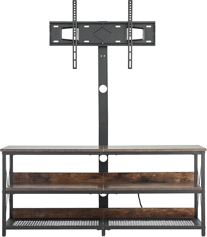 VEVOR 48" TV Stand with Mount for up to 75 in TVs, Entertainment Center with Power Outlet, Height Adjustable TV Console with Mount with 3 Tiers Open Storage Cabinets for Bedroom, Living Room, Browm