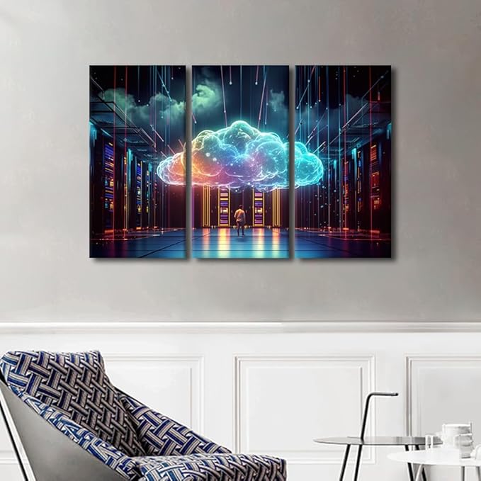 TUMOVO Modern Wall Decor 3 Panels Artificial Intelligence and Cloud Services Posters and Prints Business and Technology Concepts Artwork for Home Wall Decorations, Ready to Hang, 42" Wx28 H