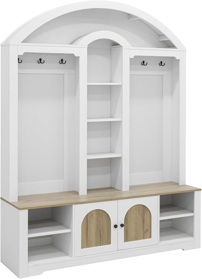 Merax 59" Multi-Functional Hall Tree with Shoe Racks, Curved Style Scandinavian Entryway Organizer with Hangers, Hooks & Shelves for Mudroom, Living Room, White+Walnut