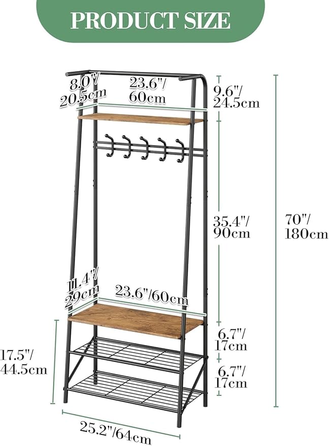 Hall Tree, Entryway Hall Tree with Shoe Rack, Coat Rack with Shoe Rack and Hooks, 25” Freestanding Metal Entryway Organizer with 4-Tier Storage Shelves for Hallway, Bathroom, Small Spaces