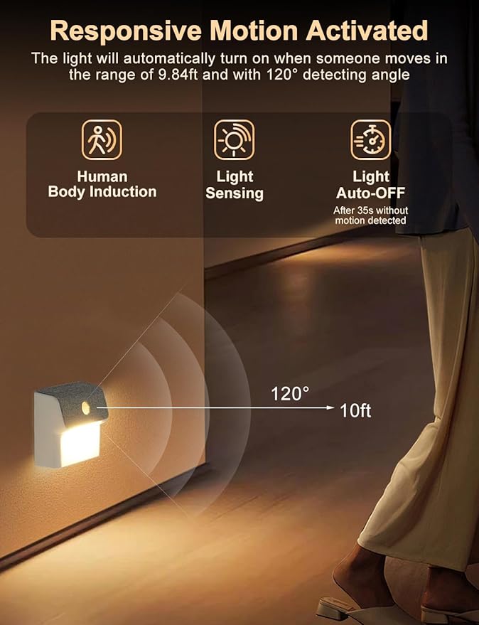 Linkage Stair Lights Motion Sensor Indoor, Magnetic Stick-On LED Wall Light, Dimmable Warm White Light, Rechargeable Motion Activated Light, for Hallway, Bedroom, Stairs, Kitchen