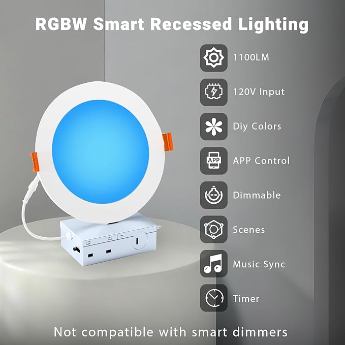 DAYBETTER Smart Recessed Lighting 6 Inch, Wi-Fi Connect RGBCW LED Downlight,Color Changing Tunable White (2700K-6500K), Ultra Thin Dimmable with Junction Box 4 Pack