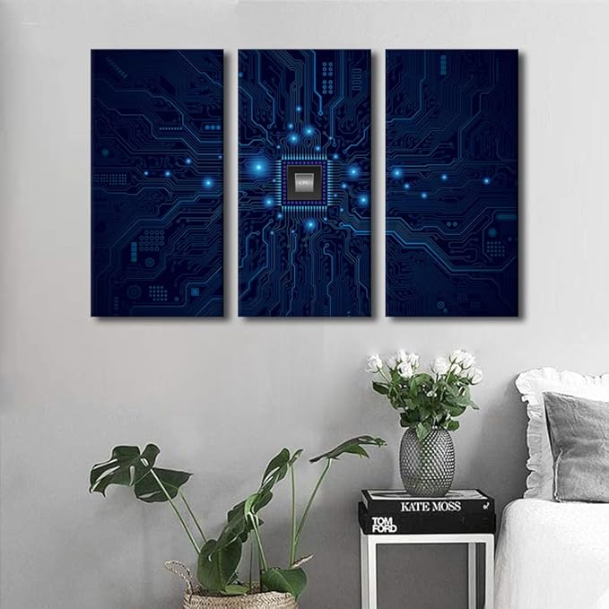 Wall Art Paintings Digital Age Canvas Prints Technology Digital Art 3 Pieces Posters Stretched Pictures for Living Room Modern Home Decor Framed Canvas Wall Art Decorations Ready to Hang(28" Wx42 H)