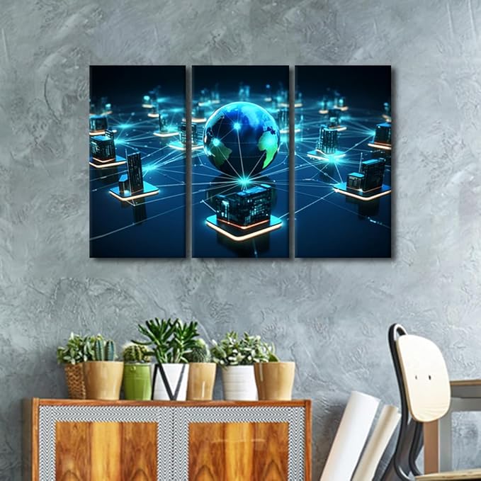 Framed Wall Art 3 Panel Centralized Network Architecture Wall Paintings for Living Room Bedroom Wall Decoration, Concepts Artwork Wooden Framed Gallery-Wrapped Ready to Hang, 42" Wx28 H