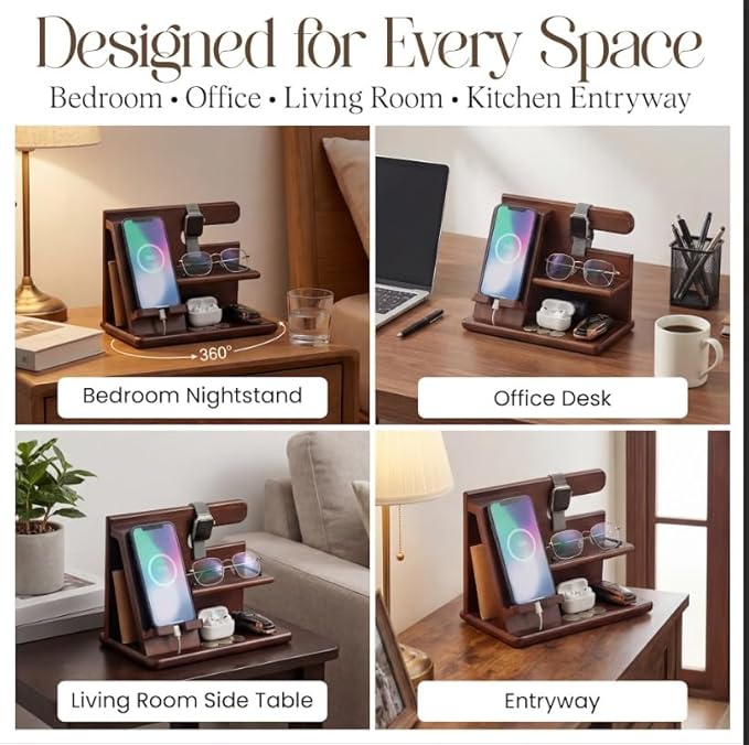 360° Rotating Nightstand Organizer - Wood Phone Docking Station with Rotating Base, Charging Slot, Holds watch, Wallet, Keys, Eyewear - Birthday Gifts for Men & Women, Bedroom or Office Use, Dark Brown