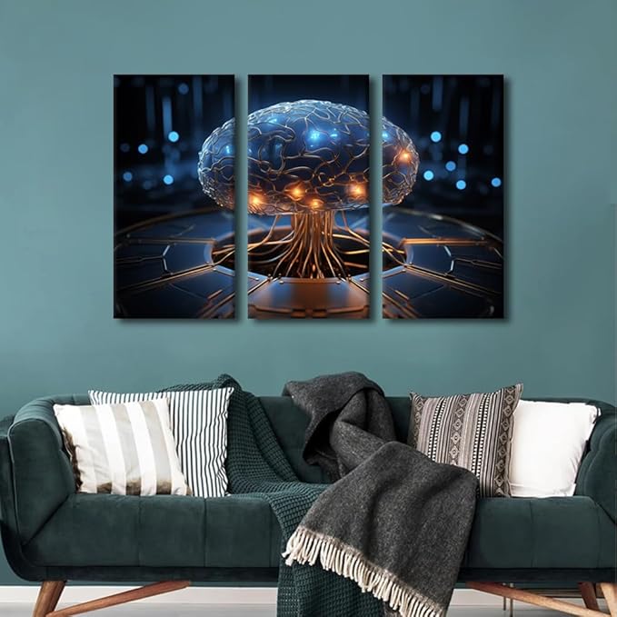 Concept Wall Decor Artificial Intelligence Pictures Posters 3 Pieces Robot Brain Wall Art for Home Decoration, AI Artwork Wooden Framed Gallery-Wrapped Ready to Hang, 36" Wx24 H
