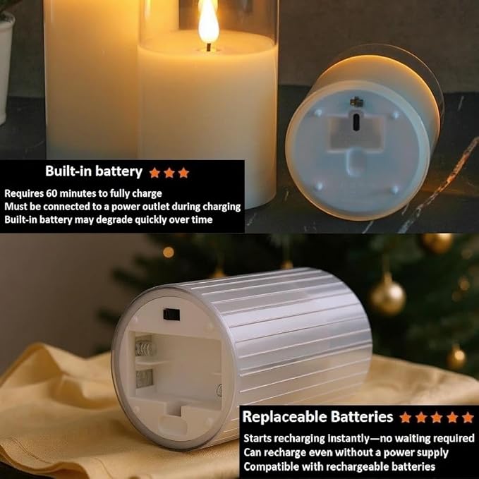 VENTA Flickering Flameless Candles With Remote Control - Led Candles Battery Operated - Battery Operated Candle For Decoration Table, Timer & Dimmer Features, Set - 3Pcs (4",5",6") (Grey Ribbed Glass)