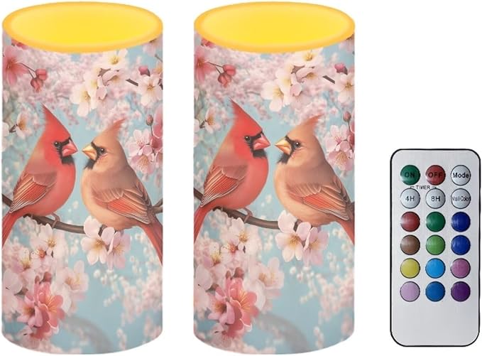 Cardinal Flower Flameless Candles 2 Pack 6 x 3 inch Battery Operated Candles with Multicolor Timer Remote Control LED Fake Candles for Warm Light Dinner Table Home Decor